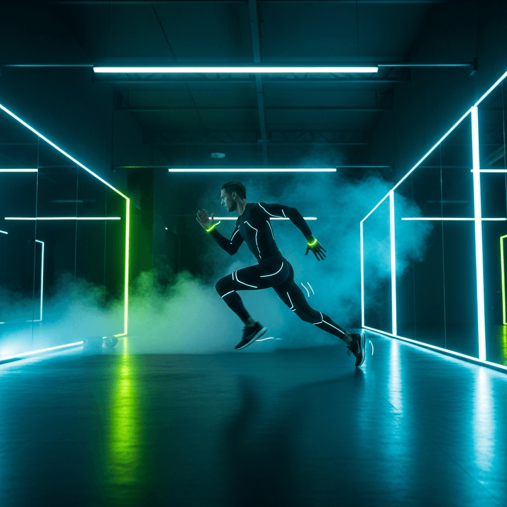 Athletic person sprinting in a futuristic neon-lit gym with electric lime lighting and holographic displays